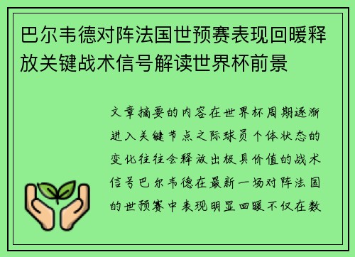 巴尔韦德对阵法国世预赛表现回暖释放关键战术信号解读世界杯前景