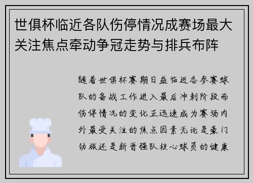 世俱杯临近各队伤停情况成赛场最大关注焦点牵动争冠走势与排兵布阵